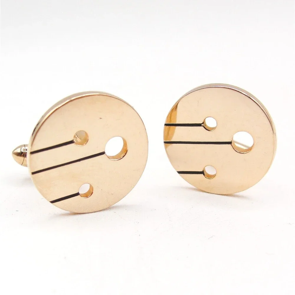 Vintage Swank Gold Tone Modernist Cufflinks Round Cutout Abstract Lines Retro